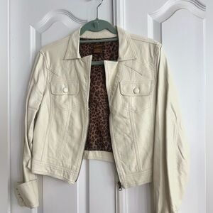 Copper Key Cream vegan Leather crop Jacket with cheetah print lining. Size L